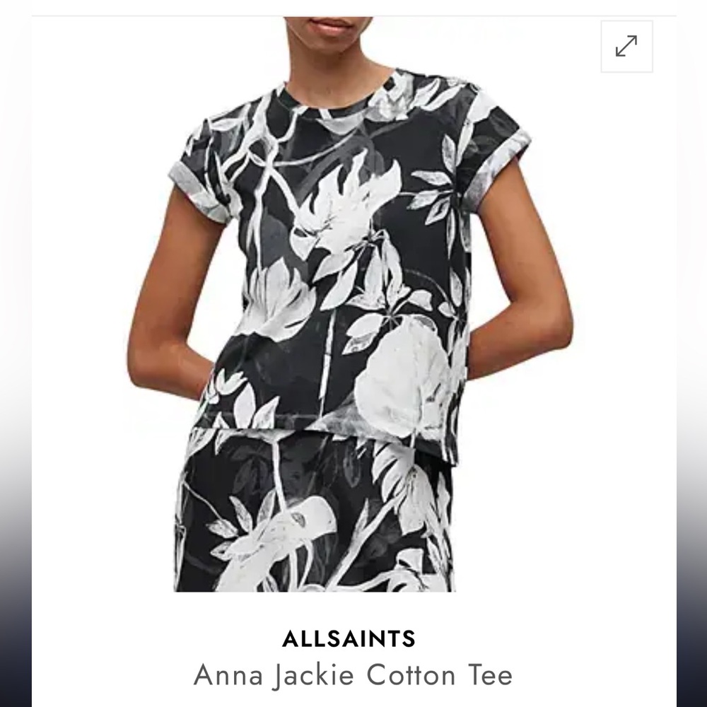 All Saints Black and White Floral Crewneck Anna Jackie Tee US 12 Organic Cotton